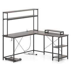 L-Shaped Reversible Gaming Desk with LED Strip and Power Outlets Hutch Monitor Stand-Gray