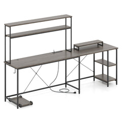 L-Shaped Reversible Gaming Desk with LED Strip and Power Outlets Hutch Monitor Stand-Gray