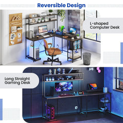 L-Shaped Reversible Gaming Desk with LED Strip and Power Outlets Hutch Monitor Stand-Gray