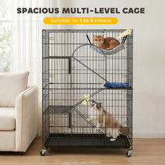 4-Tier Cat Cage, Large Cat Enclosure with Lockable Wheels, Tray, Hammock, Bed, 3 Ramp, 3 Platforms for 3-5 Kittens
