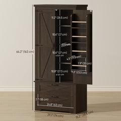 Farmhouse Kitchen Pantry Storage Cabinet, 64" Freestanding Kitchen Pantry Cabinet with Drawers, Distressed Black