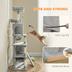 Cat Tree, 70" Multi-Level Cat Tower with 2 Condos, 2 Perches, Hammock, Toy Balls, Scratching Posts and Board, Dark Grey