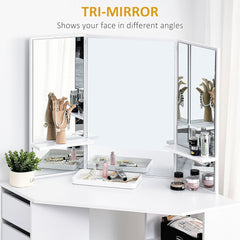 Corner Vanity Desk with Mirror, Makeup Vanity Table with 5 Drawers and Open Shelves, Dressing Table with 3-piece Mirror for Bedroom, Black