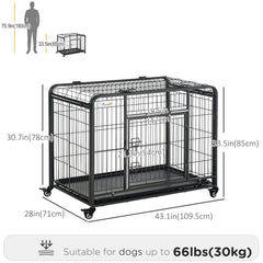 Folding Heavy Duty Dog Crate Heavy Duty Cage for Large Sized Dogs with Double Doors, Lockable Wheels Tray, 43" x 28" x 31"