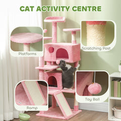 54" Cat Tree, Multi-Level Cat Tower with Scratching Posts, Cat Condos, Bed, Platforms, Ramp, Toy Ball, Beige
