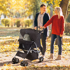 Cat Dog Stroller, One-click Foldable Pet Stroller w/Cup Holder, 4 Wheels Travel Carrier w/Brakes, 360° Swiveling Front Wheels, Storage Basket, for XS/Small Dogs Cats, Black