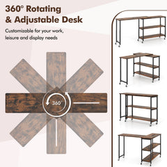 360 Degree Rotating Sofa Side Table on Wheels with Two Storage Shelves
