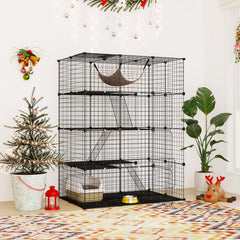 Large 4-Tier Cat Cage with Skylight and Hammock for 1-4 Cats-Black