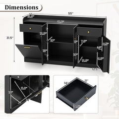 Large Buffet Cabinet Hidden Tilt Out Trash Can Cabinet with 2 Glass Doors-Black