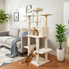 63 Inch Cat Tree with a Window Condo, Turning Basket and a Deep Hammock