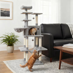 63 Inch Light Grey Cat Tree with a Condo, Hammock and Rotating Basket