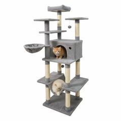 63 Inch Light Grey Cat Tree with a Condo, Hammock and Rotating Basket