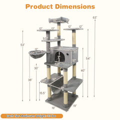 63 Inch Light Grey Cat Tree with a Condo, Hammock and Rotating Basket