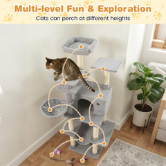 63 Inch Light Grey Cat Tree with a Condo, Hammock and Rotating Basket