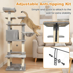 63 Inch Light Grey Cat Tree with a Condo, Hammock and Rotating Basket