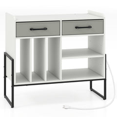 Large Record Player Stand with Charging Station Mid Century Modern Vinyl Storage Cabinet-White