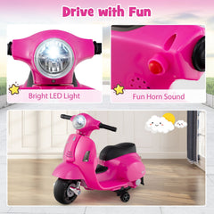 6V Licensed Vespa Kids Ride On Scooter with LED Headlight and Horn Sound, Pink