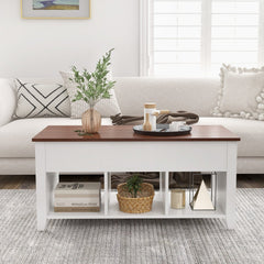 Lift Top Coffee Table with Hidden Compartment and 3 Open Storage Cubes, White and Walnut