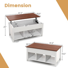 Lift Top Coffee Table with Hidden Compartment and 3 Open Storage Cubes, White and Walnut