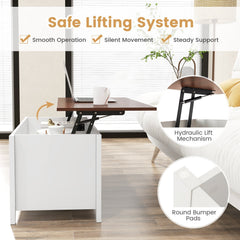 Lift Top Coffee Table with Hidden Compartment and 3 Open Storage Cubes, White and Walnut