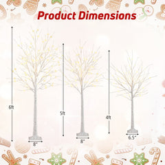 Lighted Birch Trees Set of 3, 4 FT 5 FT and 6 FT with 216 Warm White LEDs, Indoor or Outdoor
