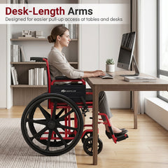 Lightweight Folding Wheelchair for Adults with Swing-Away Footrest and Desk Arm-Red