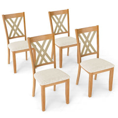 Set of 4 Double X Back Dining Chairs, Natural Rubber Wood with Beige Linen Padded Seats