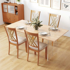 Set of 4 Double X Back Dining Chairs, Natural Rubber Wood with Beige Linen Padded Seats