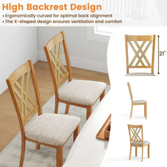 Set of 4 Double X Back Dining Chairs, Natural Rubber Wood with Beige Linen Padded Seats