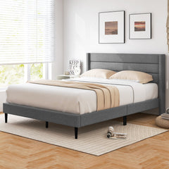 Queen Linen Upholstered Platform Bed with Quilted Wingback Headboard and 10 Plywood Slats