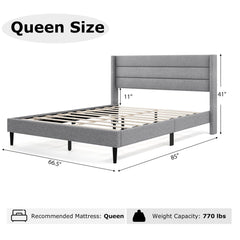 Queen Linen Upholstered Platform Bed with Quilted Wingback Headboard and 10 Plywood Slats