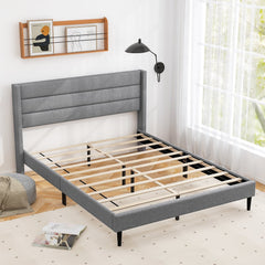 Queen Linen Upholstered Platform Bed with Quilted Wingback Headboard and 10 Plywood Slats