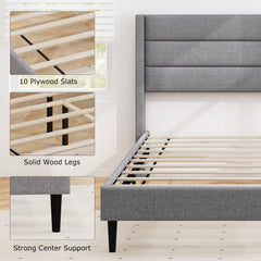 Queen Linen Upholstered Platform Bed with Quilted Wingback Headboard and 10 Plywood Slats