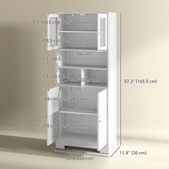 57" Kitchen Pantry, Freestanding Pantry Storage Cabinet with Glass Doors, Adjustable Shelves, Open Compartments, White