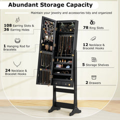 Lockable Freestanding Jewelry Cabinet Armoire with Full-Length Mirror and Lights-Black