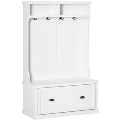 64.5" H Hall Tree with Storage Drawer & Top Shelf, Coat Rack Wooden Entryway Storage Bench Hall Tree Hallway Clothes Bag Coat Rack 4 Hooks, White