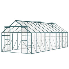 16' x 8' Aluminum Polycarbonate Greenhouse Walk-in Garden Greenhouse Kit with Adjustable Roof Vent, Rain Gutter and Sliding Door for Winter, Green