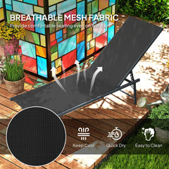 2 Pieces Folding Outdoor Lounge Chairs, Reclining Chaise Lounge Tanning Chair w/ Adjustable Back, Mesh Seat, Black