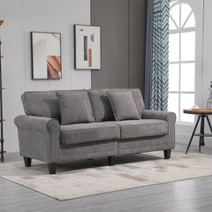 Modern 3 Seater Sofa, Corduroy Fabric 3 Seater Couch with Pine Wood Legs and Rolled Armrests for Living Room, Beige