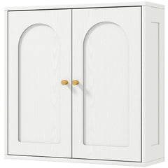Medicine Cabinet, Modern Bathroom Wall Cabinet with 2 Arched Doors and Gold Handles, White Wood Grain