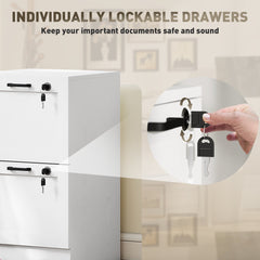 Vertical Filing Cabinet with 2 Drawers, Lock, File Cabinet for Home Office, A4 and Letter Size Files, White