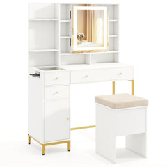 Makeup Dressing Table and Stool set with 3 Lighting Modes and Cabinet-White