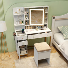 Makeup Dressing Table and Stool set with 3 Lighting Modes and Cabinet-White