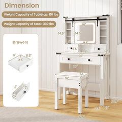 Makeup Vanity Desk with Mirror and Adjustable Storage Shelves-White
