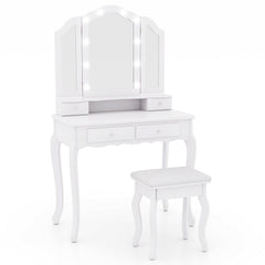 Makeup Vanity Table Set with Lighted Mirror and Drawers-White