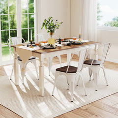 Set of 4 White Metal Stackable Dining Chairs with Elm Wood Seats and Detachable High Backs