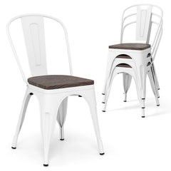 Set of 4 White Metal Stackable Dining Chairs with Elm Wood Seats and Detachable High Backs