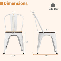 Set of 4 White Metal Stackable Dining Chairs with Elm Wood Seats and Detachable High Backs