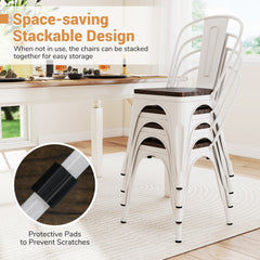 Set of 4 White Metal Stackable Dining Chairs with Elm Wood Seats and Detachable High Backs