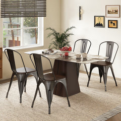 Set of 4 Gunmetal Cafe Dining Chairs, Stackable Metal with Elm Wood Seats and Curved High Backs